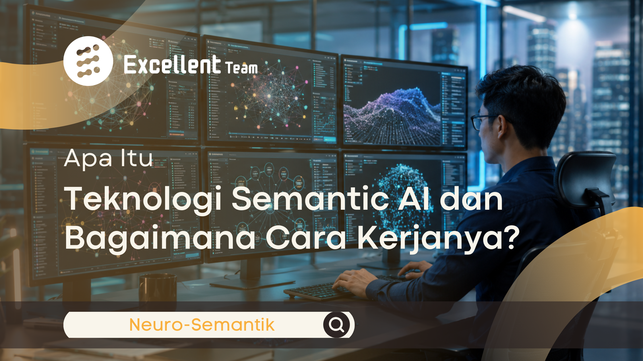 Ilustrasi teknologi Semantic AI yang menganalisis hubungan data, konteks bahasa, dan jaringan pengetahuan melalui visualisasi pada beberapa monitor.