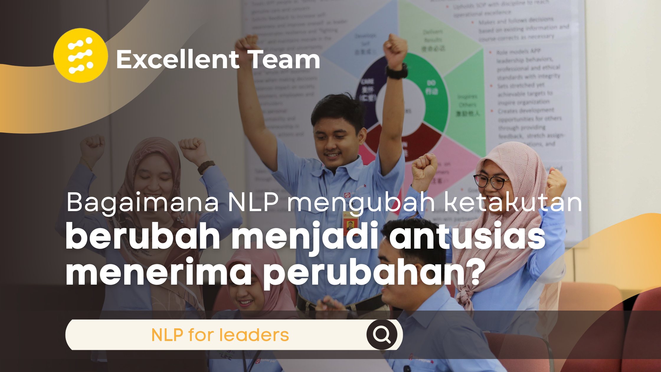 Sekelompok karyawan terlihat antusias mengangkat tangan dalam sesi kerja tim dan pelatihan di perusahaan.