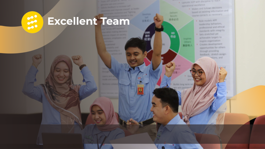 Sekelompok karyawan mengikuti sesi pelatihan di perusahaan dengan ekspresi antusias dan mengangkat tangan sebagai tanda semangat menghadapi perubahan.