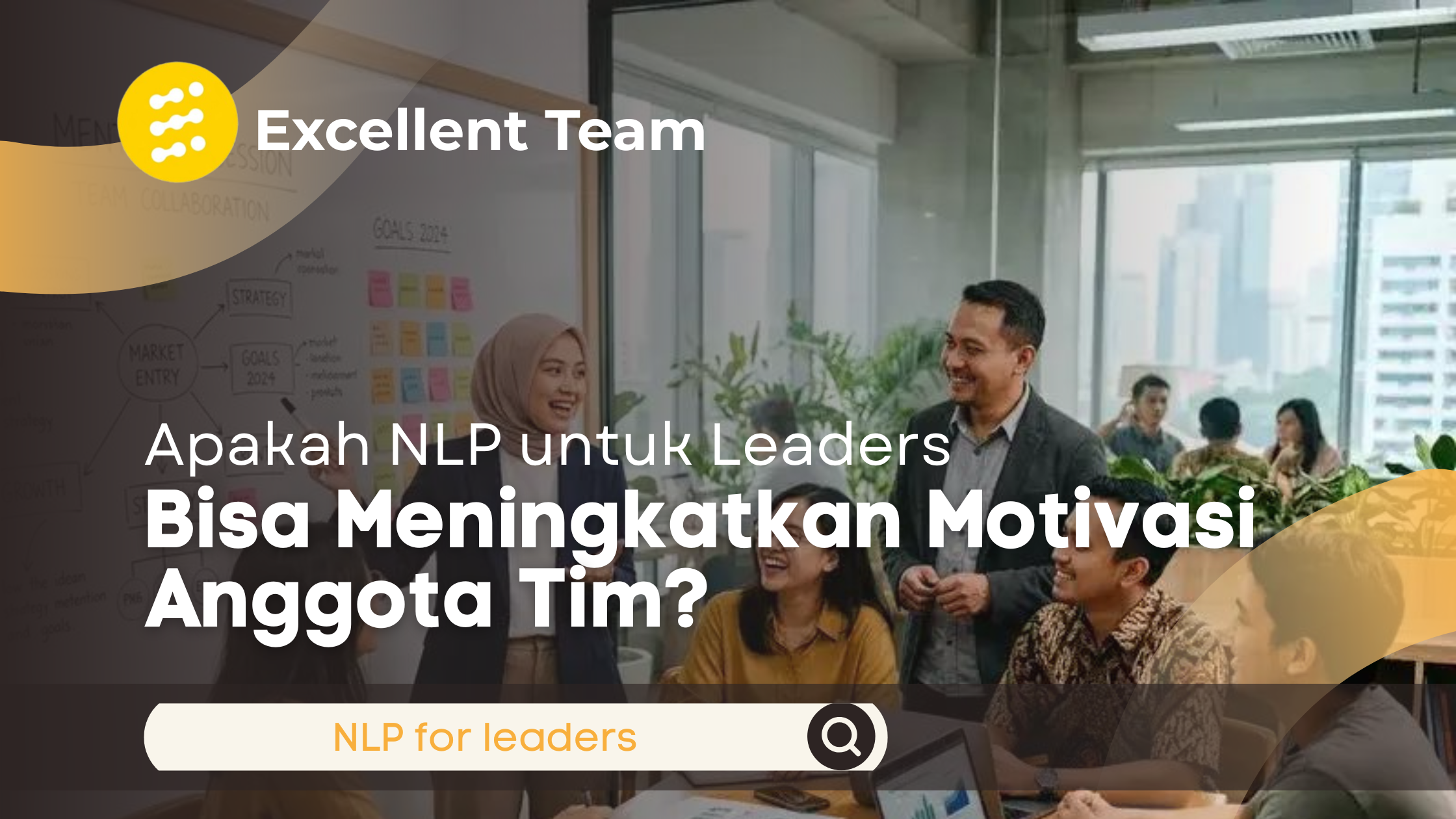 Seorang leader sedang berdiskusi dan berinteraksi dengan anggota tim di ruang kantor modern. Anggota tim terlihat antusias dan tersenyum dalam suasana kolaboratif, menggambarkan komunikasi positif dan upaya pemimpin meningkatkan motivasi tim melalui pendekatan NLP.
